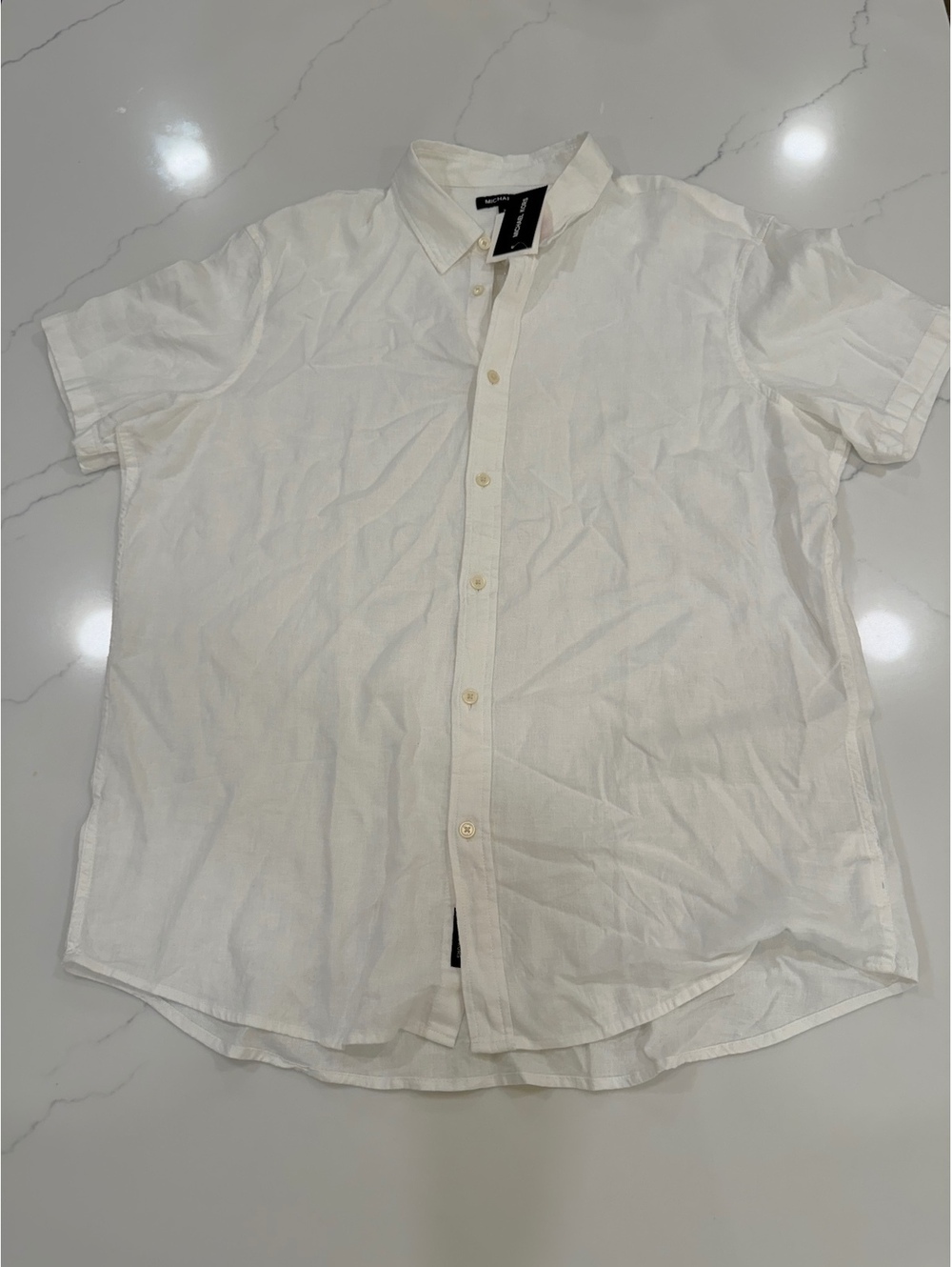 NEW $118 Michael Kors Linen Blend White Button Up Short Sleeve Shirt Size XL